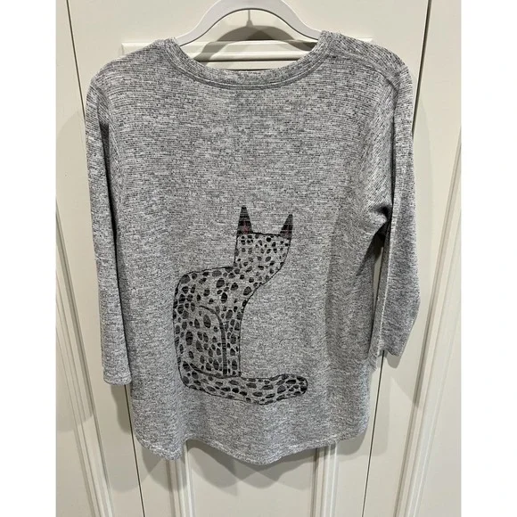 Inoah Artsy Cat Design Boxy T-Shirt Women's Size Small Gray Whimsical Oversized - Picture 3 of 6